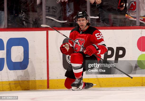 Erik Haula of the New Jersey Devils celebrates his goal during the third period against the Toronto Maple Leafs at Prudential Center on March 07,...