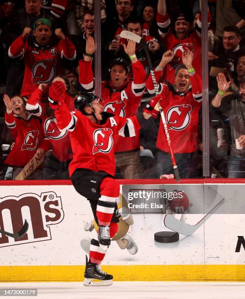 Ondrej Palat of the New Jersey Devils celebrates his goal during the third period against the Toronto Maple Leafs at Prudential Center on March 07,...