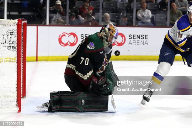 Karel Vejmelka of the Arizona Coyotes makes a save against the St. Louis Blues in the first period at Mullett Arena on March 07, 2023 in Tempe,...