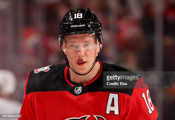 Ondrej Palat of the New Jersey Devils skates by during a stop in play in the third period against the Toronto Maple Leafs at Prudential Center on...