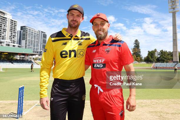 Ashton Turner of Western Australia and Jake Lehmann of South Australia pose following the coin toss during the Marsh One Day Cup Final match between...