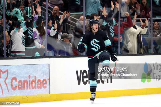 Jared McCann of the Seattle Kraken celebrates his goal against the Anaheim Ducks during the first period at Climate Pledge Arena on March 07, 2023 in...