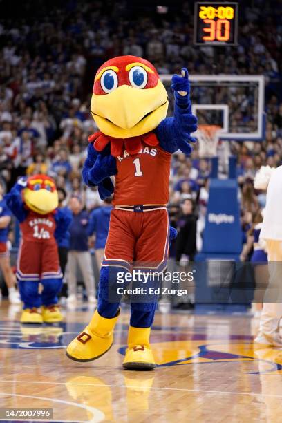 Big Jay the Kansas Jayhawks mascot entertains prior to a game against the Texas Tech Red Raiders at Allen Fieldhouse on February 28, 2023 in...