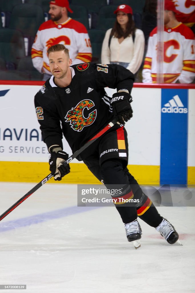 Trevor Lewis of the Calgary Flames skates during warmup prior to the ...