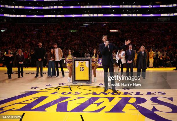 Pau Gasol of the Los Angeles Lakers speaks during his jersey retirement ceremony at halftime in the game between the Memphis Grizzlies and the Los...