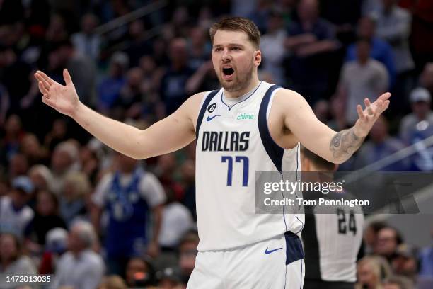 Luka Doncic of the Dallas Mavericks reacts to a call while taking on the Utah Jazz in the fourth quarter at American Airlines Center on March 07,...