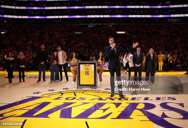 Pau Gasol of the Los Angeles Lakers speaks during his jersey retirement ceremony at halftime in the game between the Memphis Grizzlies and the Los...