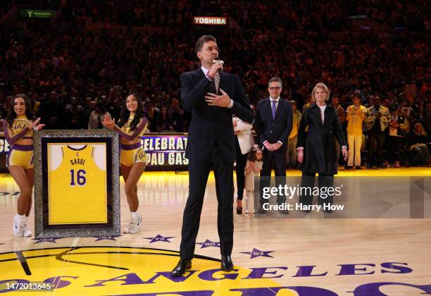 Pau Gasol of the Los Angeles Lakers speaks during his jersey retirement ceremony at halftime in the game between the Memphis Grizzlies and the Los...