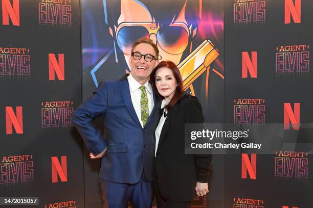 Tom Kenny and Priscilla Presley attend Agent Elvis ATAS Official at Netflix Tudum Theater on March 07, 2023 in Los Angeles, California.