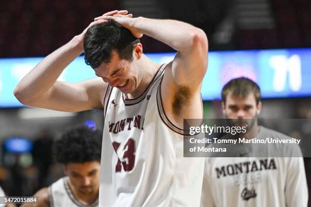 Josh Bannan of the Montana Grizzlies reacts after losing to the Northern Arizona Lumberjacks 83-71 in the semifinals of the Big Sky Basketball...