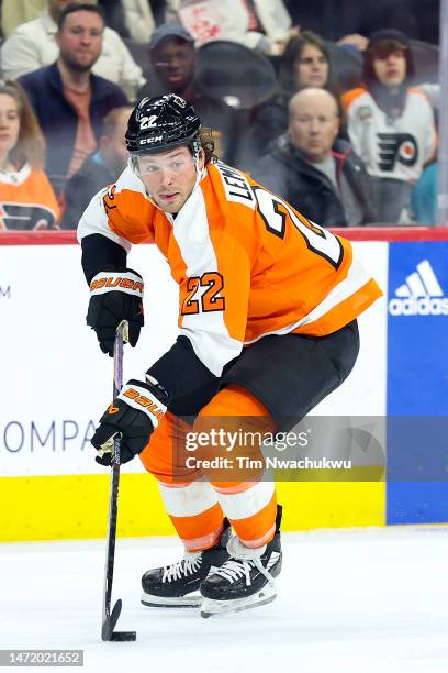 Brendan Lemieux of the Philadelphia Flyers skates with the puck against the Detroit Red Wings at Wells Fargo Center on March 05, 2023 in...