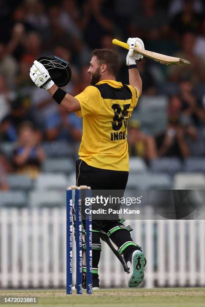 Josh Inglis of Western Australia celebrates his century during the Marsh One Day Cup Final match between Western Australia and South Australia at the...