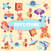 Cute toys. Cartoon playthings for children. Balloons and plush animals, dolls or machines. Alphabet book. Pistol with cartridges. Construction blocks. Kids store. Vector objects set