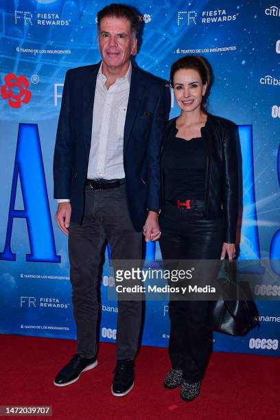 José Gómez Vargas and Alejandra Barros pose for a photo during the red carpet for the musical 'Mamma Mia' at Teatro Insurgentes on March 7, 2023 in...