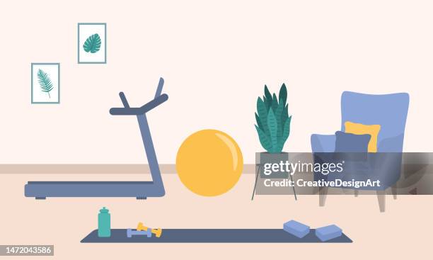 modernes wohnzimmer interieur mit sessel, trainingsmatte, hanteln, laufband und topfpflanze - fitnessraum stock-grafiken, -clipart, -cartoons und -symbole