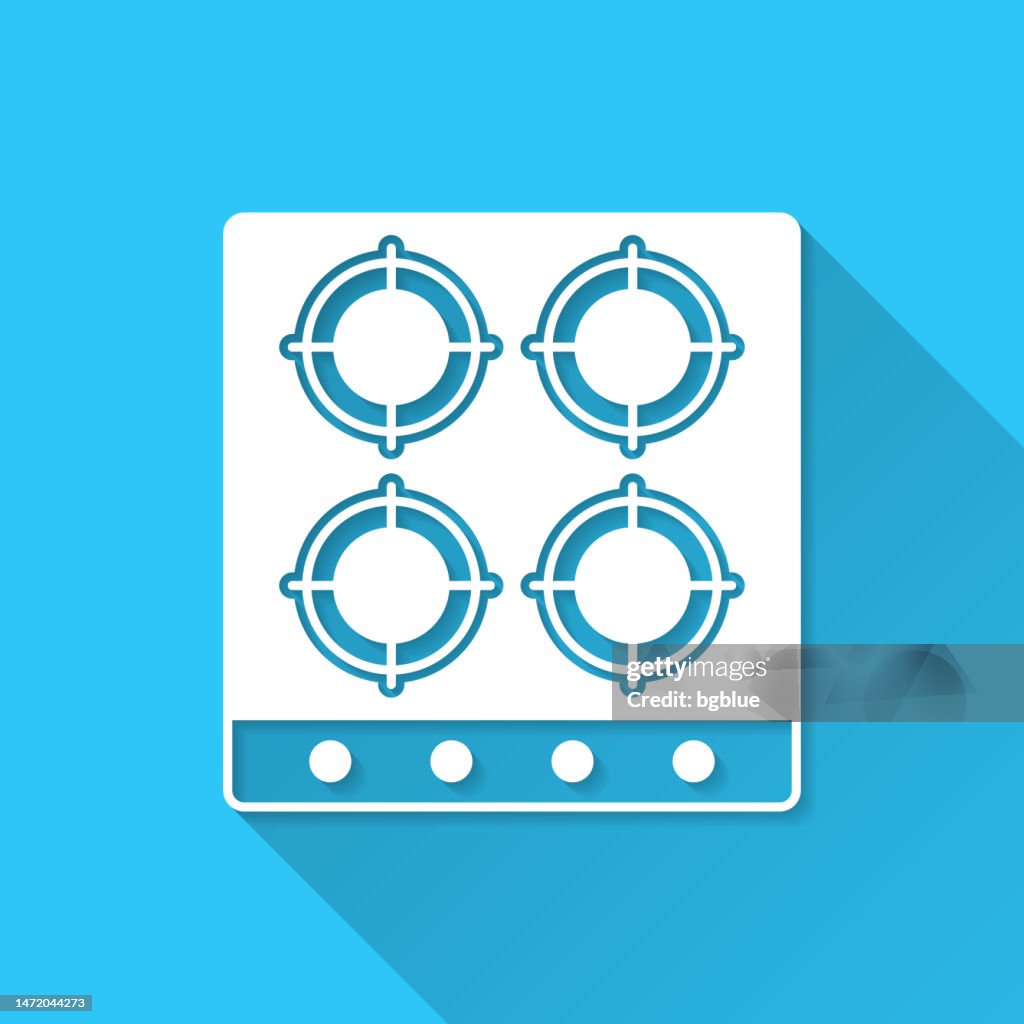 Gas stove - top view. Icon on blue background - Flat Design with Long Shadow