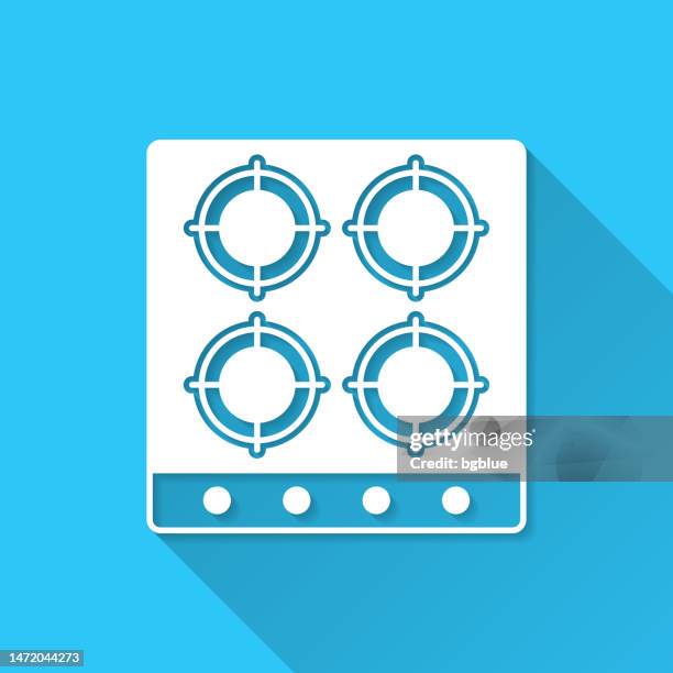 gas stove - top view. icon on blue background - flat design with long shadow - flat top stove stock illustrations