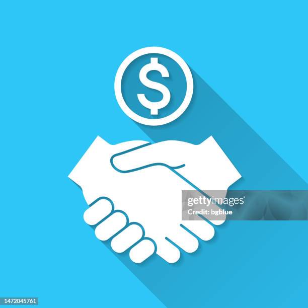 dollar agreement. icon on blue background - flat design with long shadow - handshake blue background stock illustrations