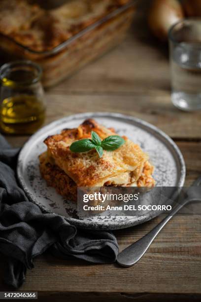 meat and vegetable lasagna with basil - hartkäse stock-fotos und bilder