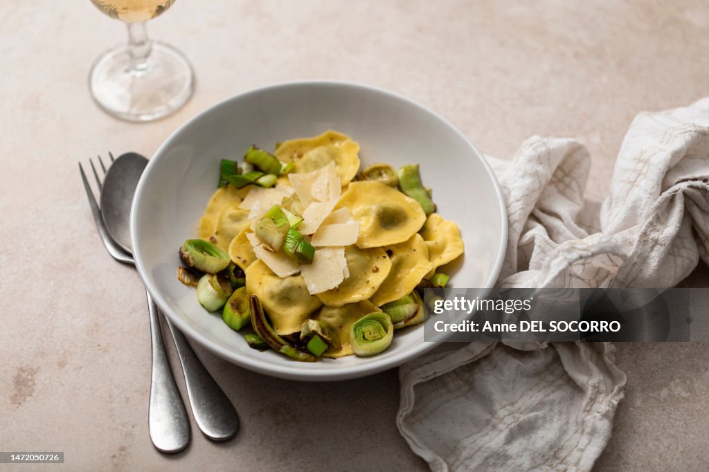 Homemade meal ravioli leek and parmesan cheese