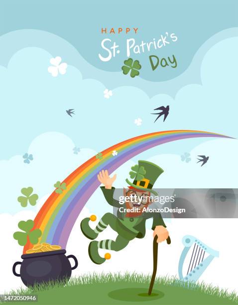 st. patrick's day poster. leprechaun and a pot of gold. - ireland rainbow stock illustrations