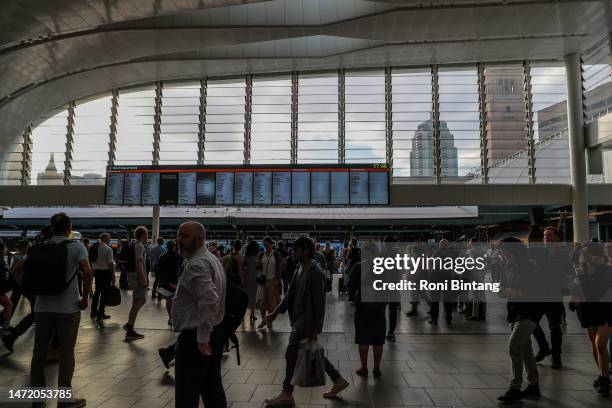 Commuters seen at Central Station on March 08, 2023 in Sydney, Australia. Sidney trains ground to a halt shortly before the afternoon peak due to an...