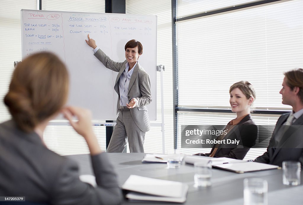 Mulher de Negócios no quadro de apresentação para colegas de trabalho