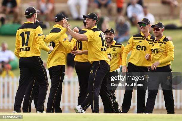 Mitch Marsh of Western Australia celebrates the wicket of Daniel Drew of South Australia during the Marsh One Day Cup Final match between Western...