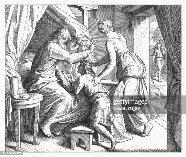 ilustraciones, imágenes clip art, dibujos animados e iconos de stock de jacob engaña a esaú de la bendición (génesis 27) - jacob esau