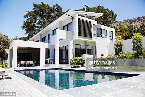 modern home with swimming pool - low angle view home stock pictures, royalty-free photos & images