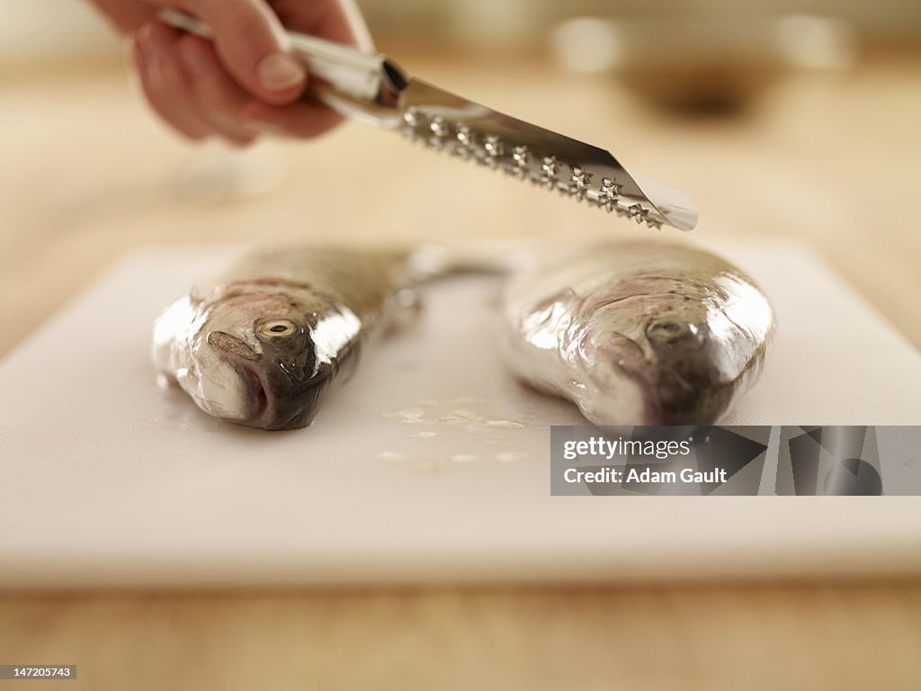 Woman holding knife over fish on cutting board