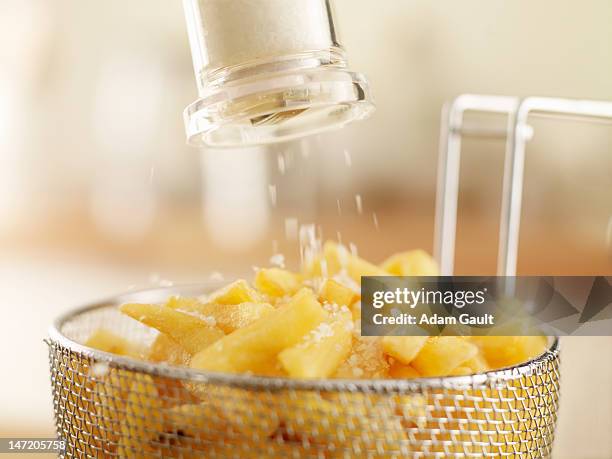 french fries sprinkled with salt - salt shaker ストックフォトと画像