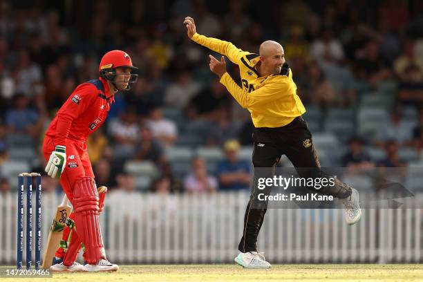 Ashton Agar of Western Australia bowls during the Marsh One Day Cup Final match between Western Australia and South Australia at the WACA, on March...