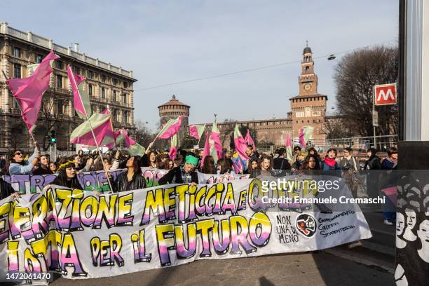 Students and feminist activists take part in a rally, demonstrating against gender violence and calling for free and safe abortion on March 08, 2023...