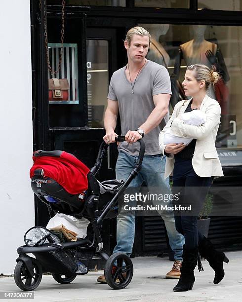 Chris Hemsworth, Elsa Pataky and their daughter India Rose Hemsworth are seen having lunch and house hunting in Notting Hill on June 27, 2012 in...