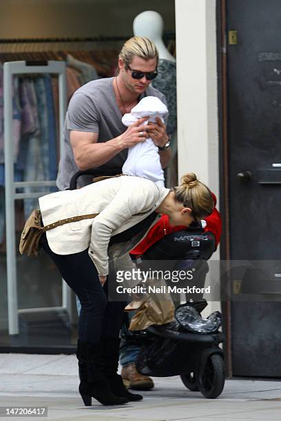 Chris Hemsworth, Elsa Pataky and their daughter India Rose Hemsworth are seen having lunch and house hunting in Notting Hill on June 27, 2012 in...