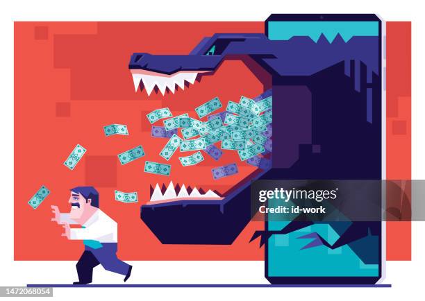 dinosaur spitting banknotes with businessman searching on smartphone - dragon quest stock illustrations