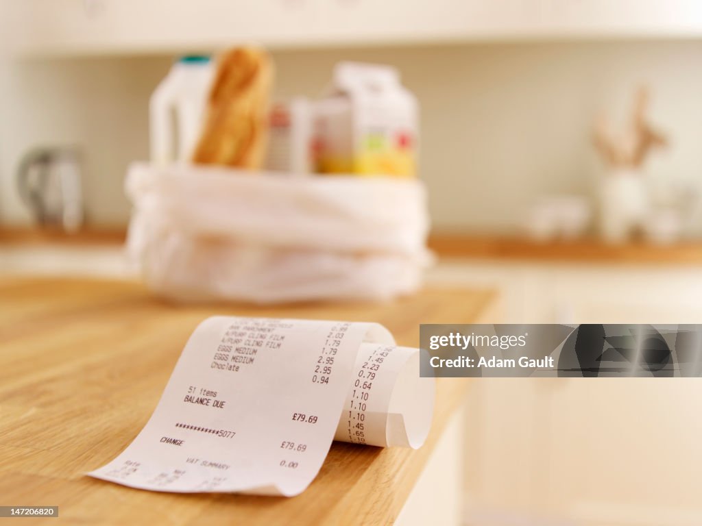Close up of grocery receipt on kitchen counter