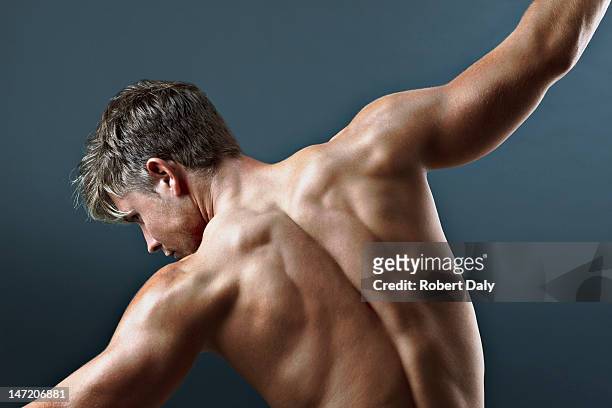rückansicht der nackte chested mann mit ausgestreckten armen - chest torso stock-fotos und bilder