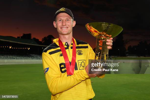Cameron Bancroft of Western Australia poses with the trophy after winning the Marsh One Day Cup Final match between Western Australia and South...