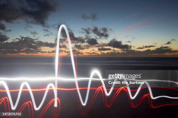 light waves at sea during sunset, light painting - pulse trace stock-fotos und bilder