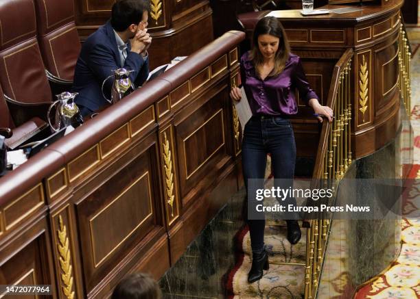 The Minister of Equality, Irene Montero, after intervening during a plenary session, in the Congress of Deputies, on March 8 in Madrid, Spain. The PP...