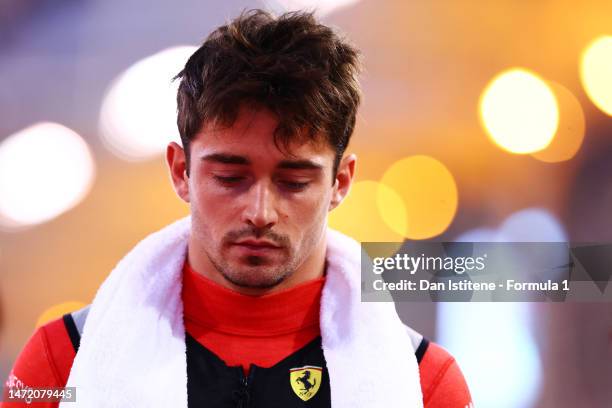 Charles Leclerc of Monaco and Ferrari prepares to drive on the grid during the F1 Grand Prix of Bahrain at Bahrain International Circuit on March 05,...