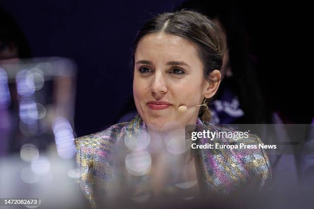 The Minister of Equality, Irene Montero, applauds during an institutional act of the International Women's Day, at the Pavon Theater, on March 8 in...