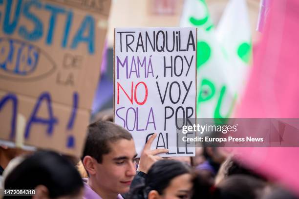 Person holds a banner during a demonstration called by the Student Union and 'Libres y Combativas', for 8M, International Women's Day, on March 8 in...