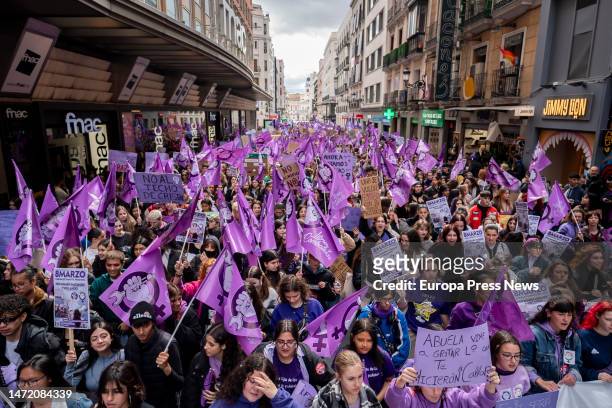 Hundreds of women with banners during a demonstration called by the Student Union and 'Libres y Combativas', for 8M, International Women's Day, on...