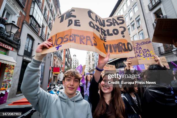Two young women hold a banner during a demonstration called by the Student Union and 'Libres y Combativas', for 8M, International Women's Day, on...