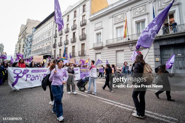 Several women hold a banner during a demonstration called by the Student Union and 'Libres y Combativas', for 8M, International Women's Day, on March...