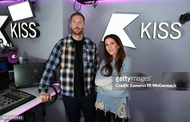 Calvin Harris and Ellie Goulding visit Kiss FM, 1 Golden Square on March 08, 2023 in London, England.