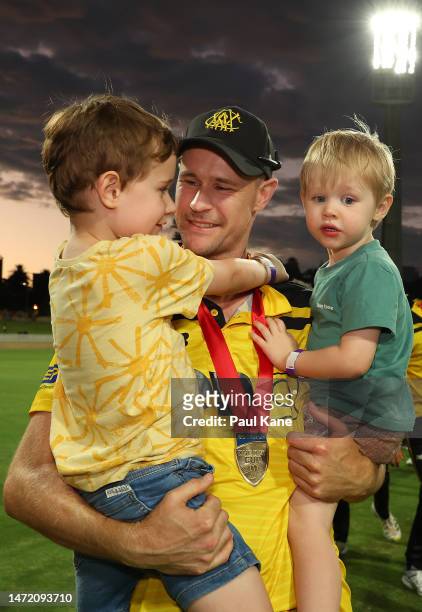 Jason Behrendorff of Western Australia shares a moment with his children Harrison and Levi after winning the Marsh One Day Cup Final match between...
